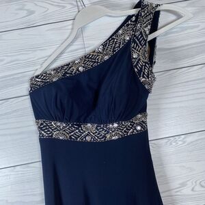 Bee Darlin Midnight Blue One Shoulder Beaded Open Back Gown, Size 1/2